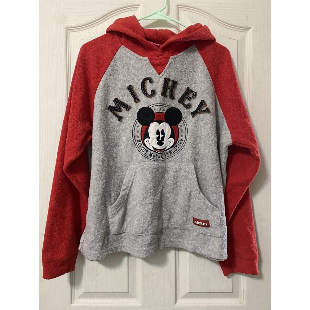 Vintage Mickey Mouse Athletics Disney Long Sleeve Fleece Hoodie Medium Gray Red